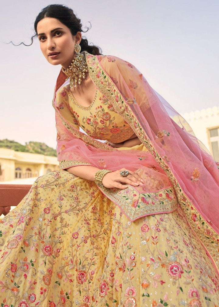 Daffodil Yellow Lehenga Choli with Zari, Dori, Swarvoski, Thread & Zarkan work - qivii