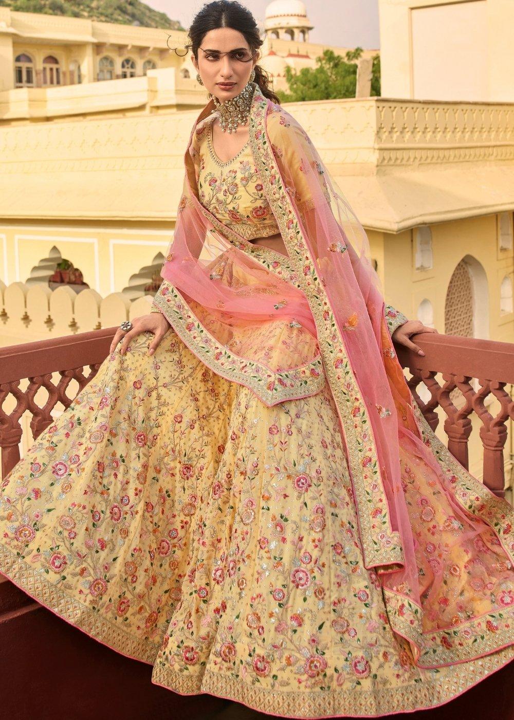 Daffodil Yellow Lehenga Choli with Zari, Dori, Swarvoski, Thread & Zarkan work - qivii