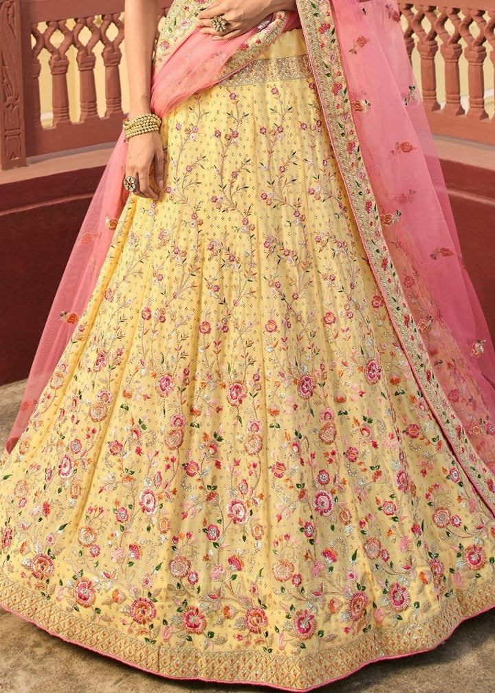 Daffodil Yellow Lehenga Choli with Zari, Dori, Swarvoski, Thread & Zarkan work - qivii