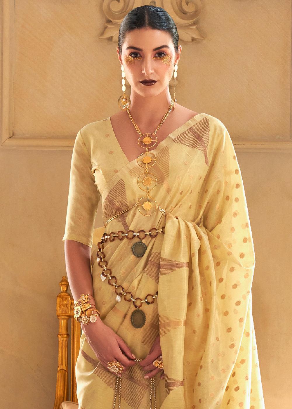 Daffodil Yellow Zari Handloom Woven Tissue Silk Saree - qivii