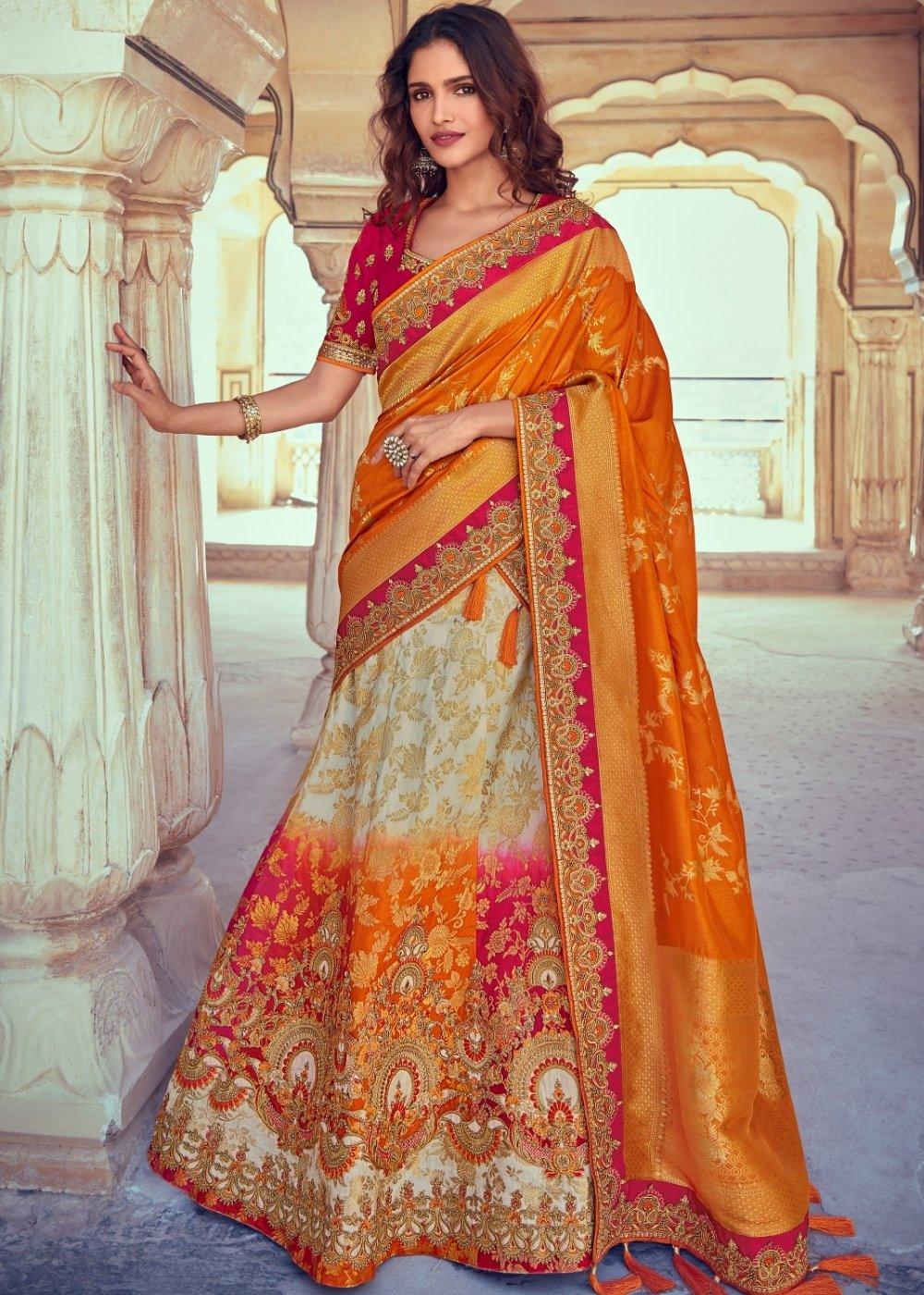 Daisy White & Orange Banarasi Silk Lehenga Choli with Khatli work Embroidery - qivii