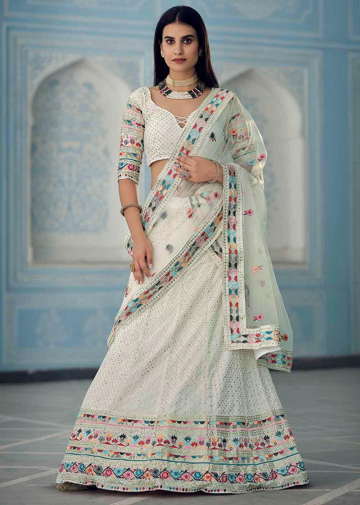 Daisy White Georgette Lehenga Choli with Thread & Sequence work - qivii