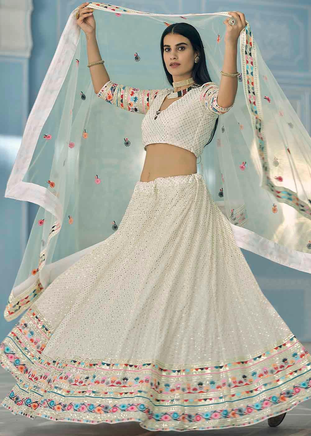 Daisy White Georgette Lehenga Choli with Thread & Sequence work - qivii