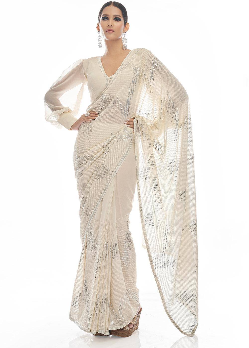 Daisy White Sequins & Thread Embroidered Designer Georgette Saree | Stitched Blouse - qivii