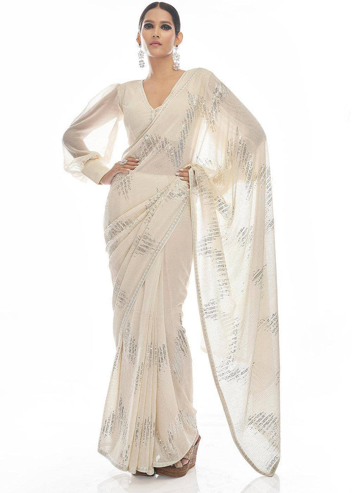 Daisy White Sequins & Thread Embroidered Designer Georgette Saree | Stitched Blouse - qivii