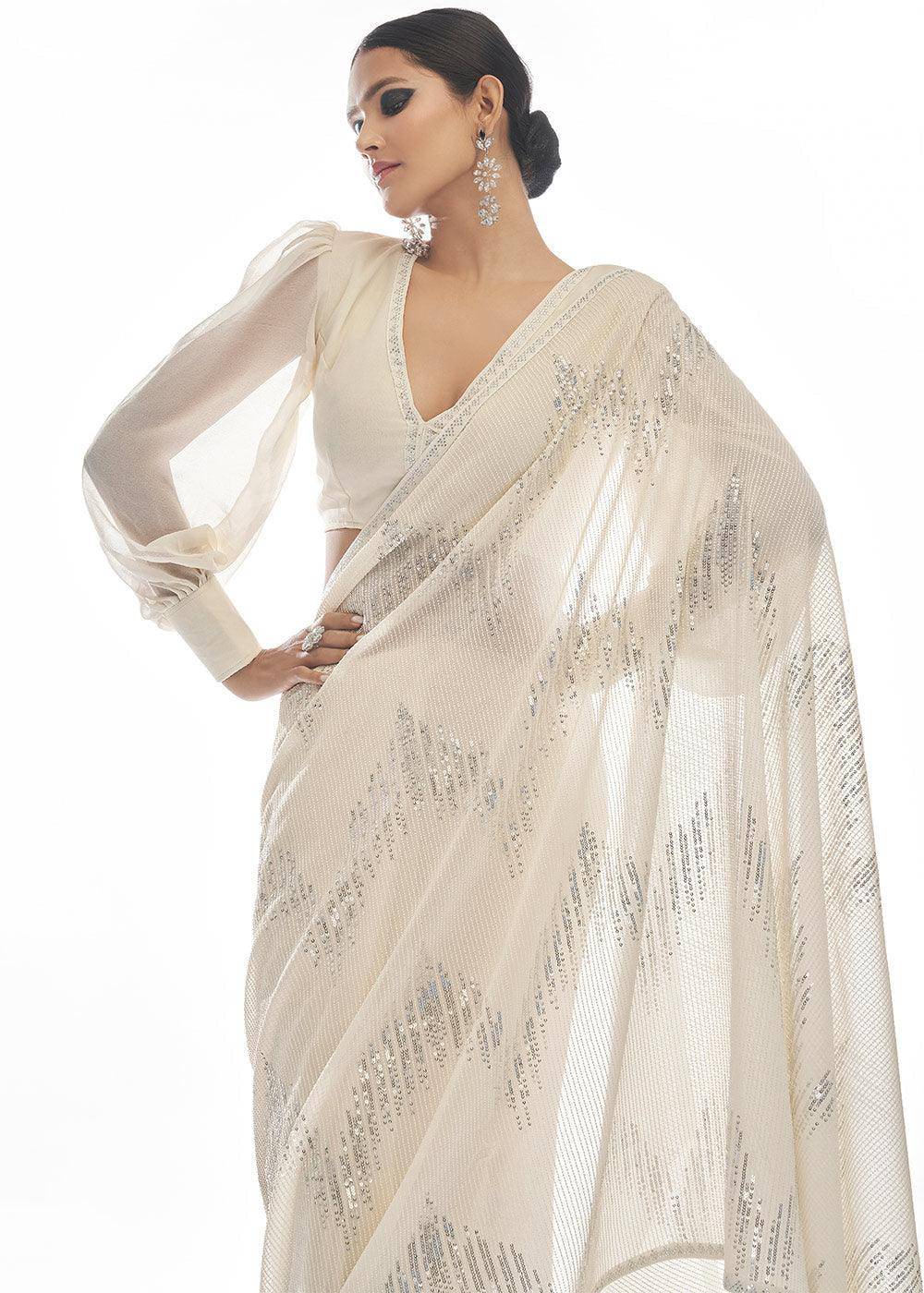 Daisy White Sequins & Thread Embroidered Designer Georgette Saree | Stitched Blouse - qivii