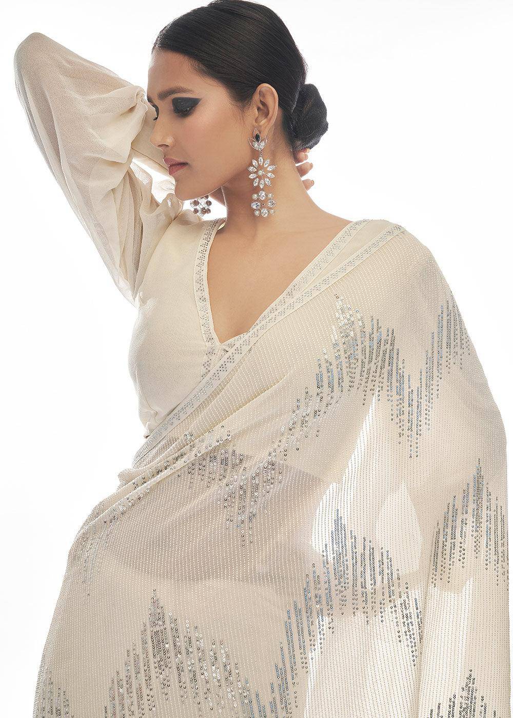 Daisy White Sequins & Thread Embroidered Designer Georgette Saree | Stitched Blouse - qivii