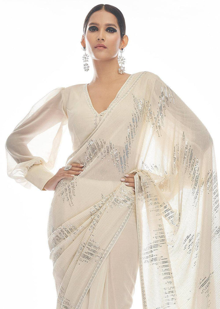 Daisy White Sequins & Thread Embroidered Designer Georgette Saree | Stitched Blouse - qivii