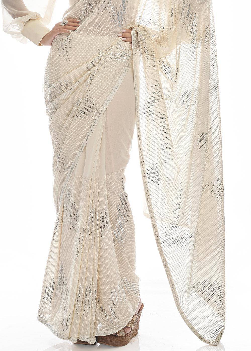 Daisy White Sequins & Thread Embroidered Designer Georgette Saree | Stitched Blouse - qivii