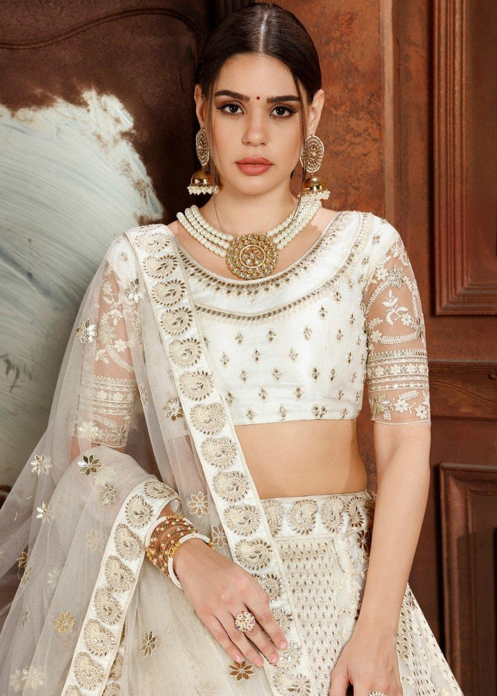 Daisy White Soft Net Lehenga Choli with Thread,Zari, Zarkan & Pearl work - qivii