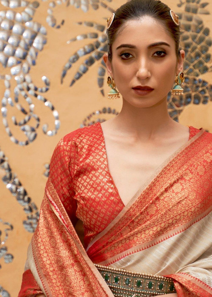 Daisy White Zari Woven Kanjivaram Silk Saree | Stitched Blouse - qivii