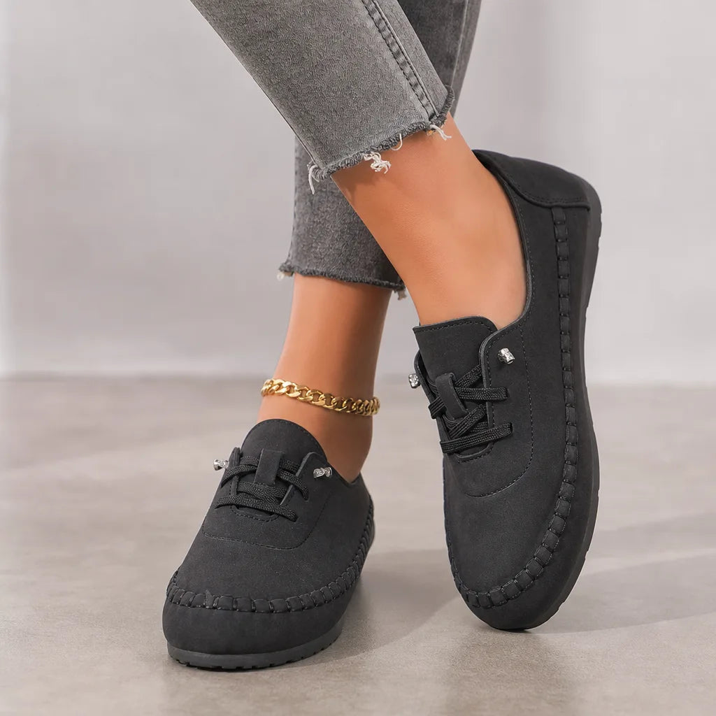 Black Danforth women's orthopedic lace-up loafers by Hudson Ridge, stylish footwear with supportive design and casual look.
