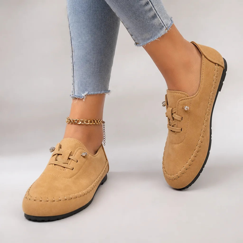 Light yellow Danforth women's orthopedic lace-up loafers by Hudson Ridge, featuring comfortable slip-on footwear for women.