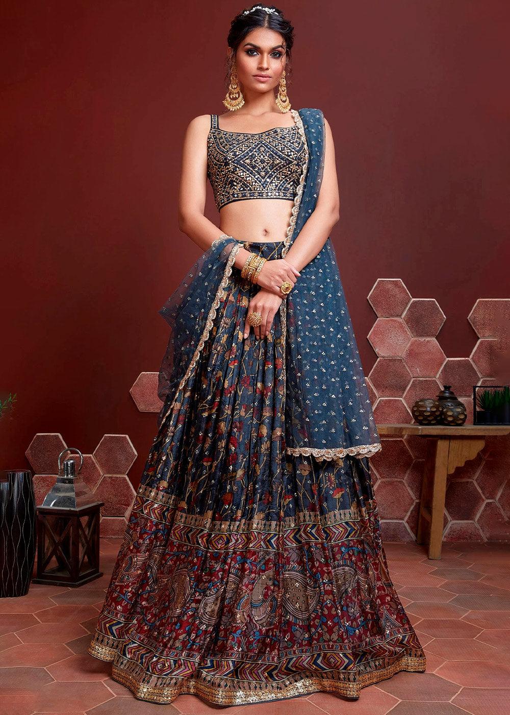 Dark Blue Floral Printed Chinon Silk Lehenga Choli with Sequins & Mirror work - qivii