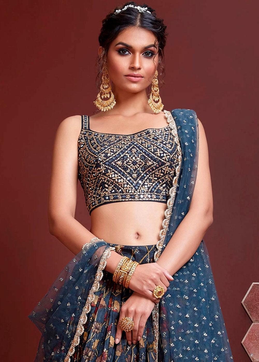 Dark Blue Floral Printed Chinon Silk Lehenga Choli with Sequins & Mirror work - qivii