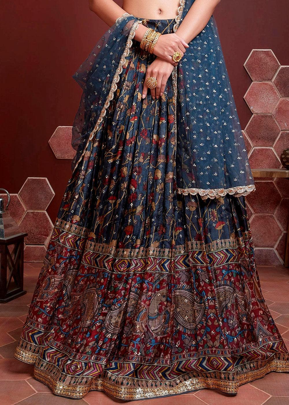 Dark Blue Floral Printed Chinon Silk Lehenga Choli with Sequins & Mirror work - qivii