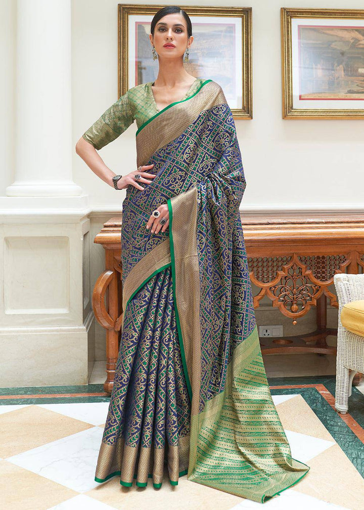 Dark Blue Zari Woven Patola Silk Saree | Stitched Blouse - qivii