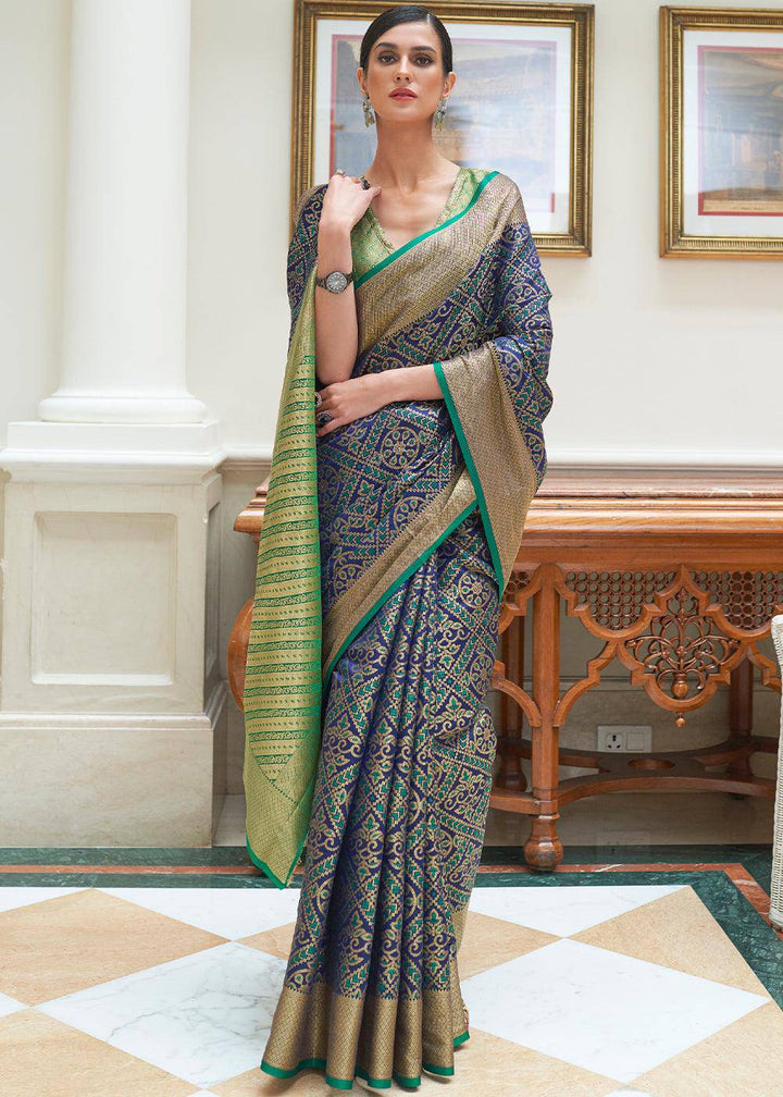 Dark Blue Zari Woven Patola Silk Saree | Stitched Blouse - qivii