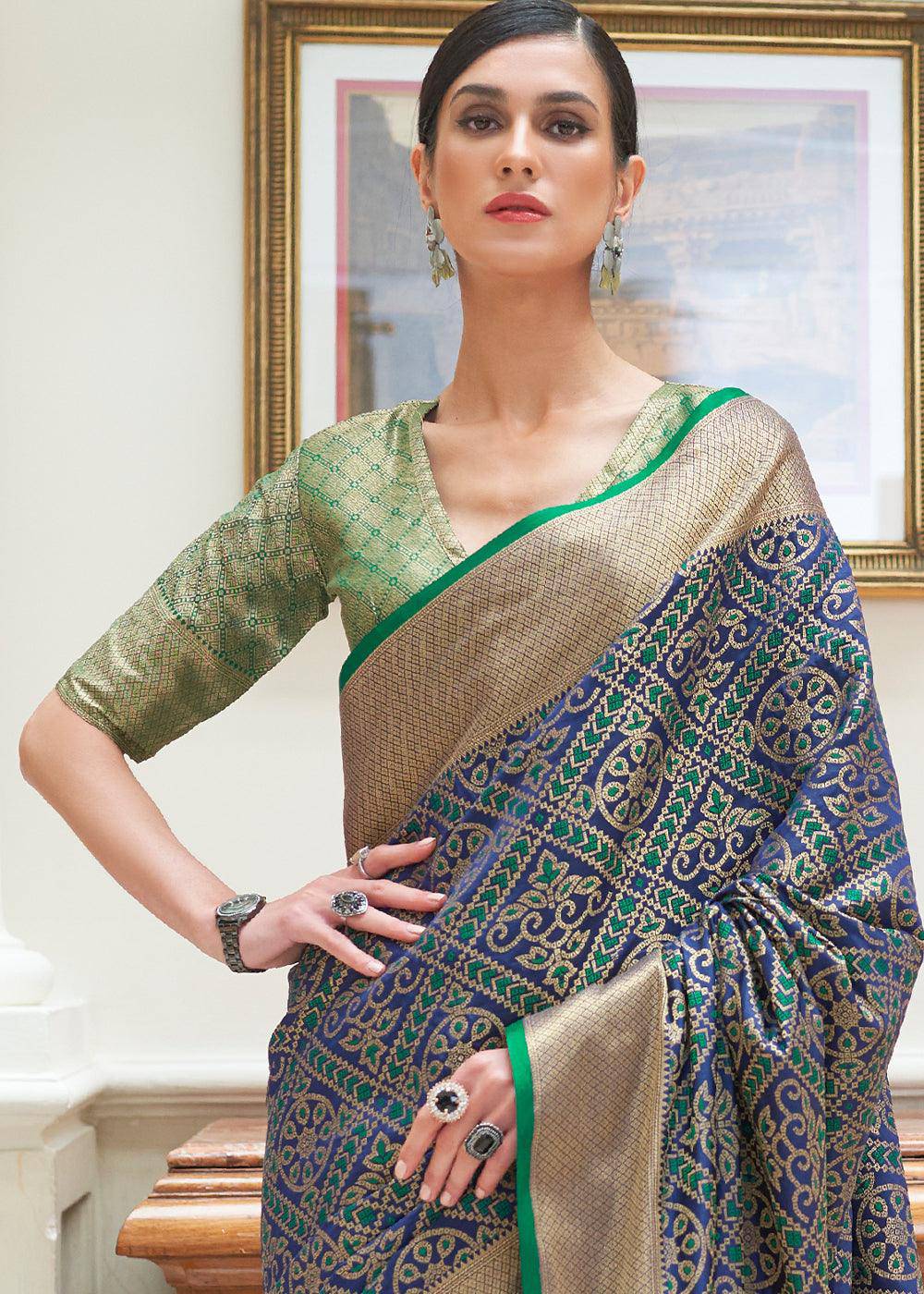 Dark Blue Zari Woven Patola Silk Saree | Stitched Blouse - qivii