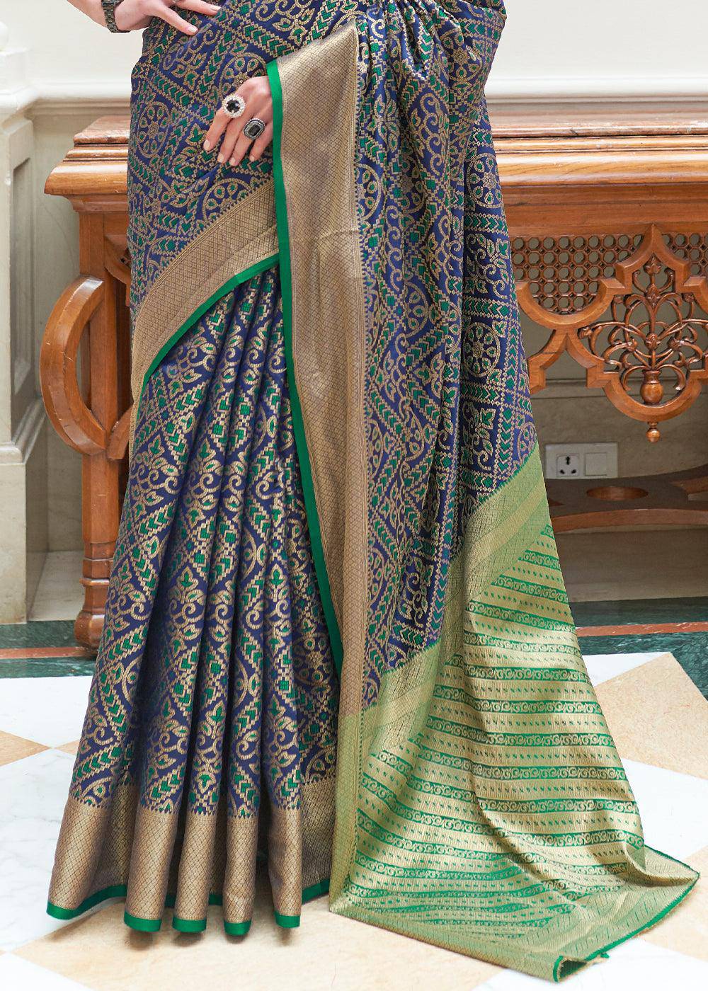 Dark Blue Zari Woven Patola Silk Saree | Stitched Blouse - qivii