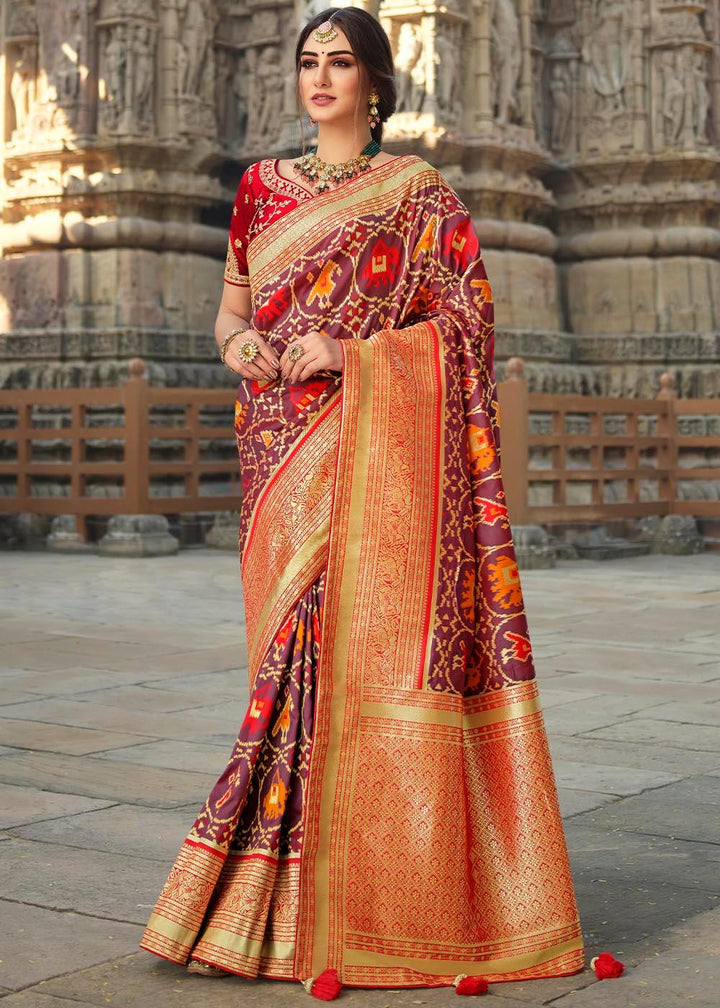 Dark Brown Woven Banarasi Silk Saree with Embroidered Blouse | Stitched Blouse - qivii