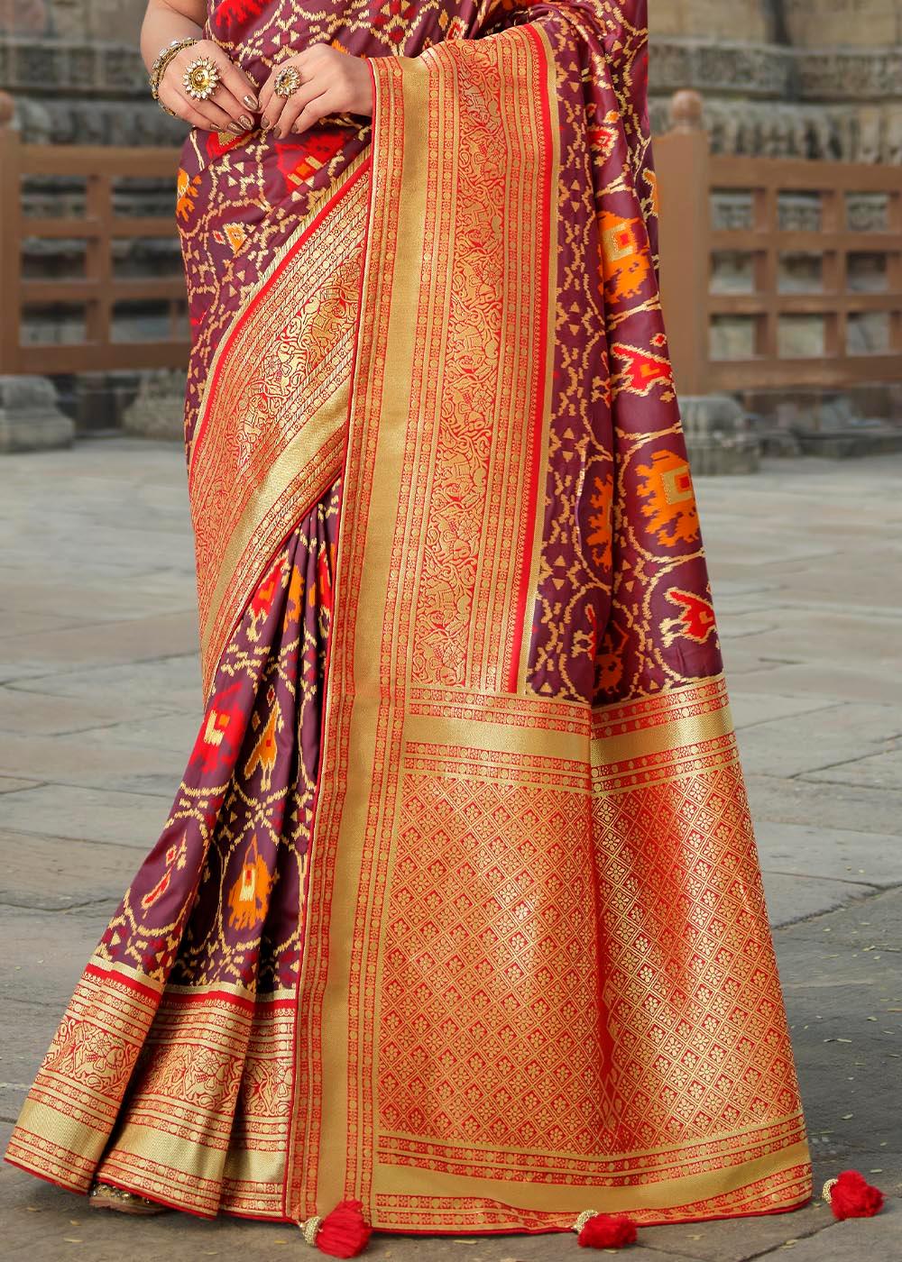 Dark Brown Woven Banarasi Silk Saree with Embroidered Blouse | Stitched Blouse - qivii