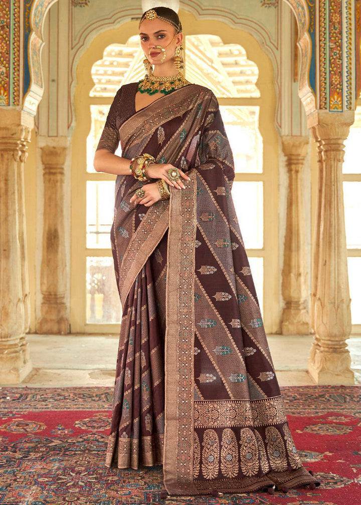 Dark Brown Zari Woven Banarasi Silk Saree | Stitched Blouse - qivii