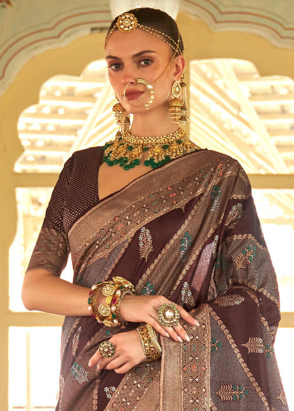 Dark Brown Zari Woven Banarasi Silk Saree | Stitched Blouse - qivii