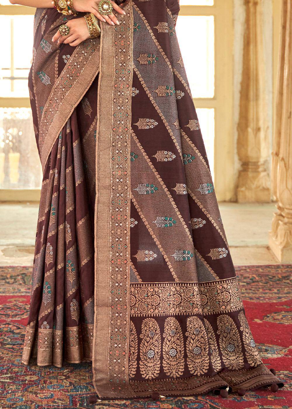 Dark Brown Zari Woven Banarasi Silk Saree | Stitched Blouse - qivii