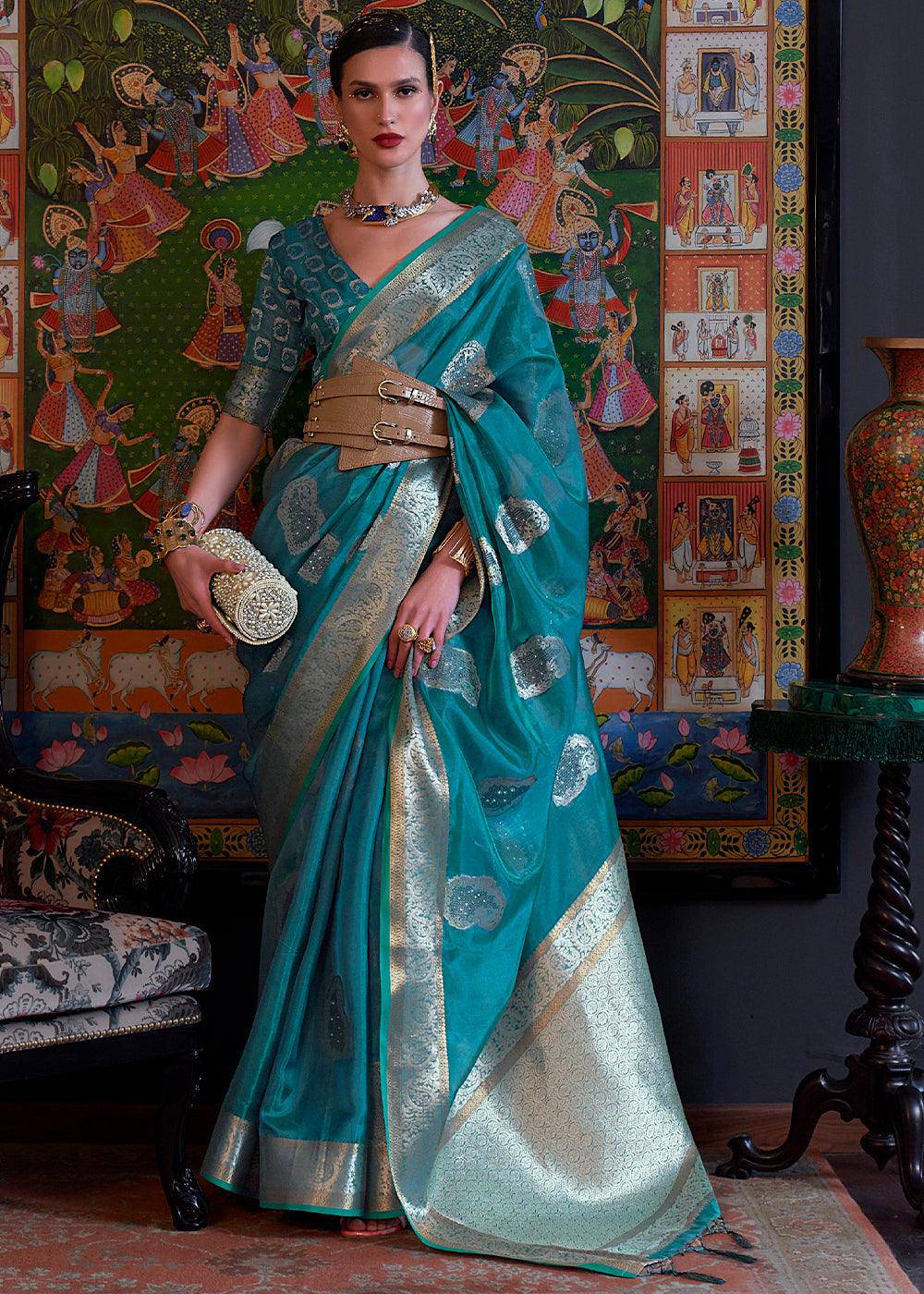 Dark Cerulean Blue Handloom Woven Dual Tone Organza Silk Saree with Sequins Work | Stitched Blouse - qivii