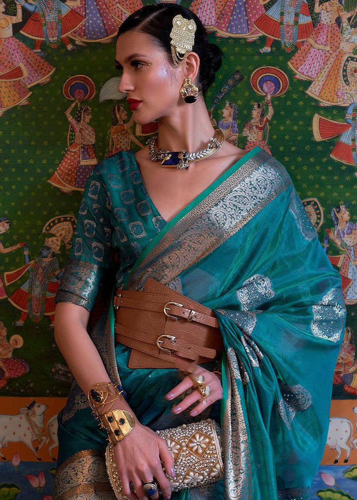 Dark Cerulean Blue Handloom Woven Dual Tone Organza Silk Saree with Sequins Work | Stitched Blouse - qivii