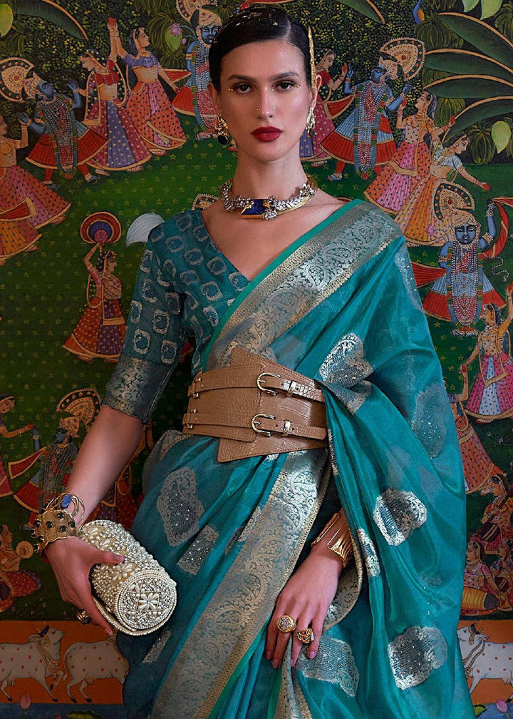 Dark Cerulean Blue Handloom Woven Dual Tone Organza Silk Saree with Sequins Work | Stitched Blouse - qivii