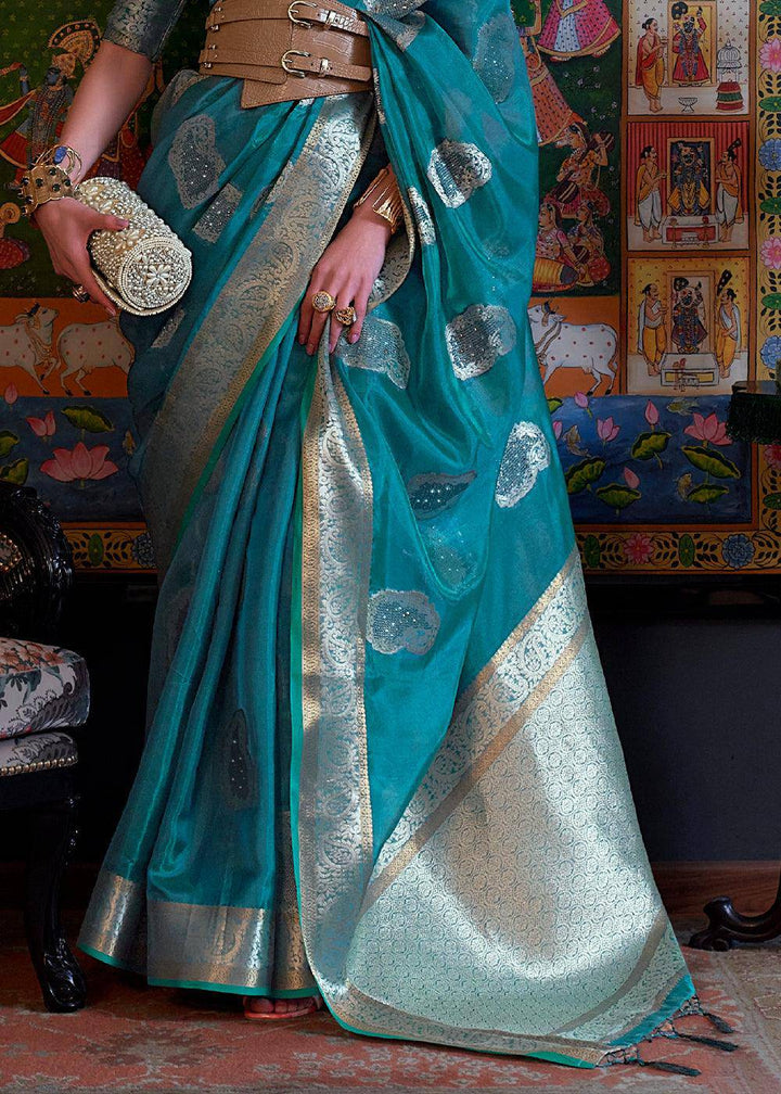 Dark Cerulean Blue Handloom Woven Dual Tone Organza Silk Saree with Sequins Work | Stitched Blouse - qivii