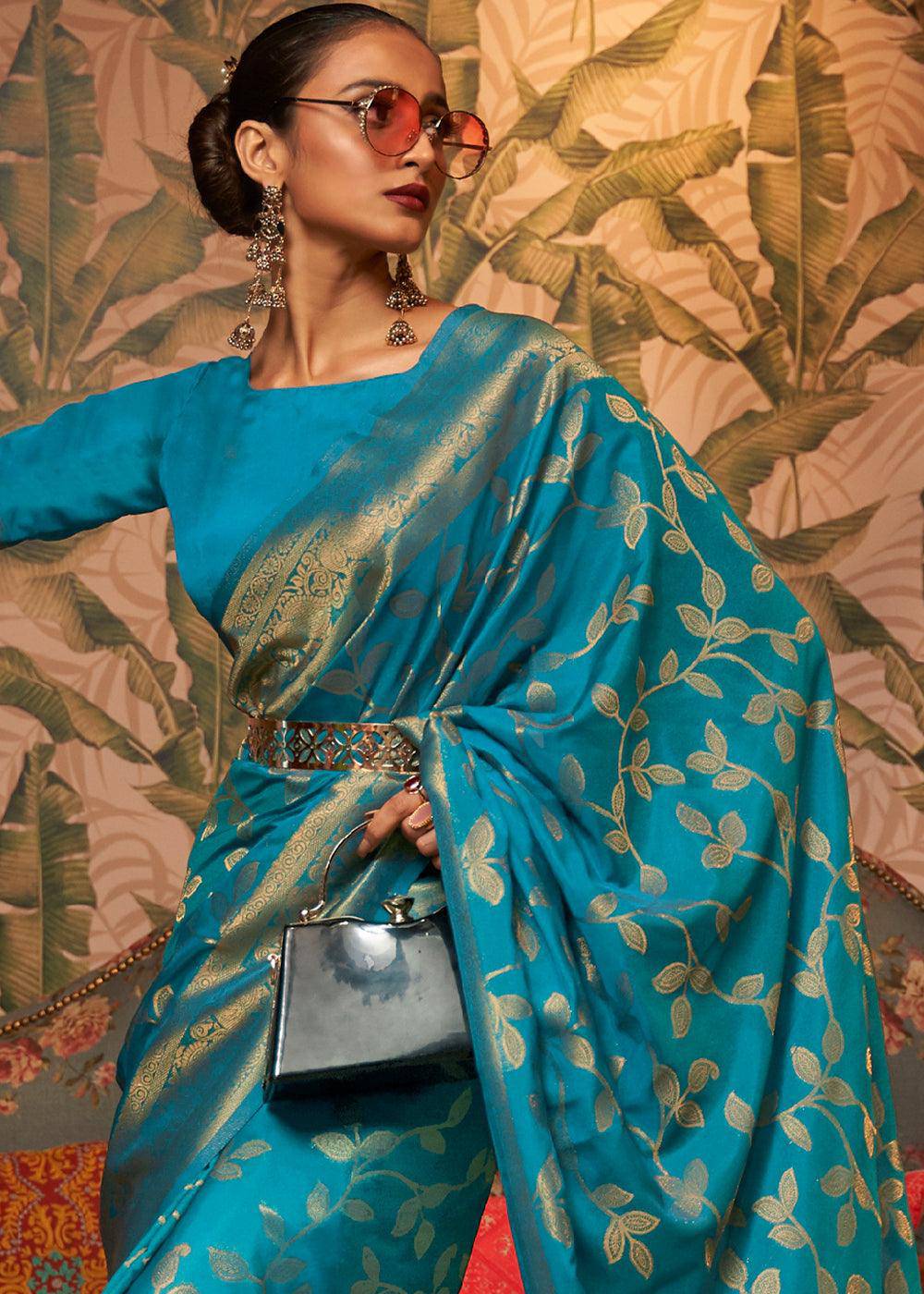 Dark Cerulean Blue Woven Floral Banarasi Silk Saree | Stitched Blouse - qivii