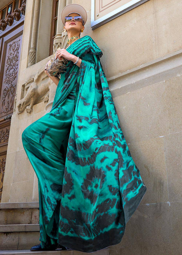 Dark Cyan Green Designer Satin Crepe Printed Saree | Stitched Blouse - qivii