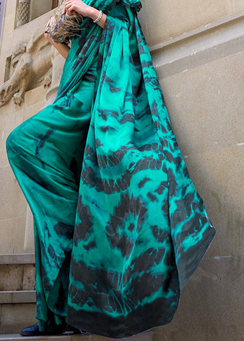 Dark Cyan Green Designer Satin Crepe Printed Saree | Stitched Blouse - qivii