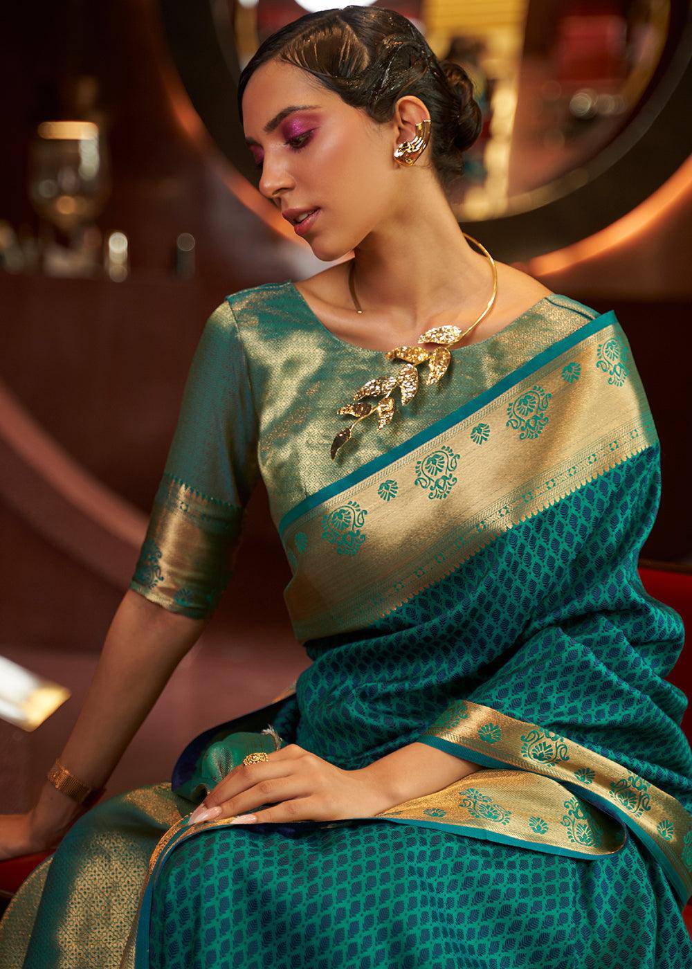 Dark Cyan Green Handloom Woven Banarasi Silk Saree | Stitched Blouse - qivii