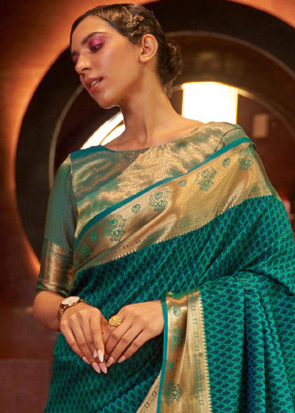 Dark Cyan Green Handloom Woven Banarasi Silk Saree | Stitched Blouse - qivii