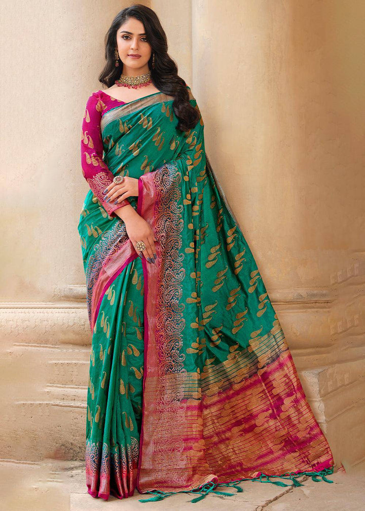 Dark Cyan Green Zari Butta Woven Raw Banarasi Silk Saree | Stitched Blouse - qivii