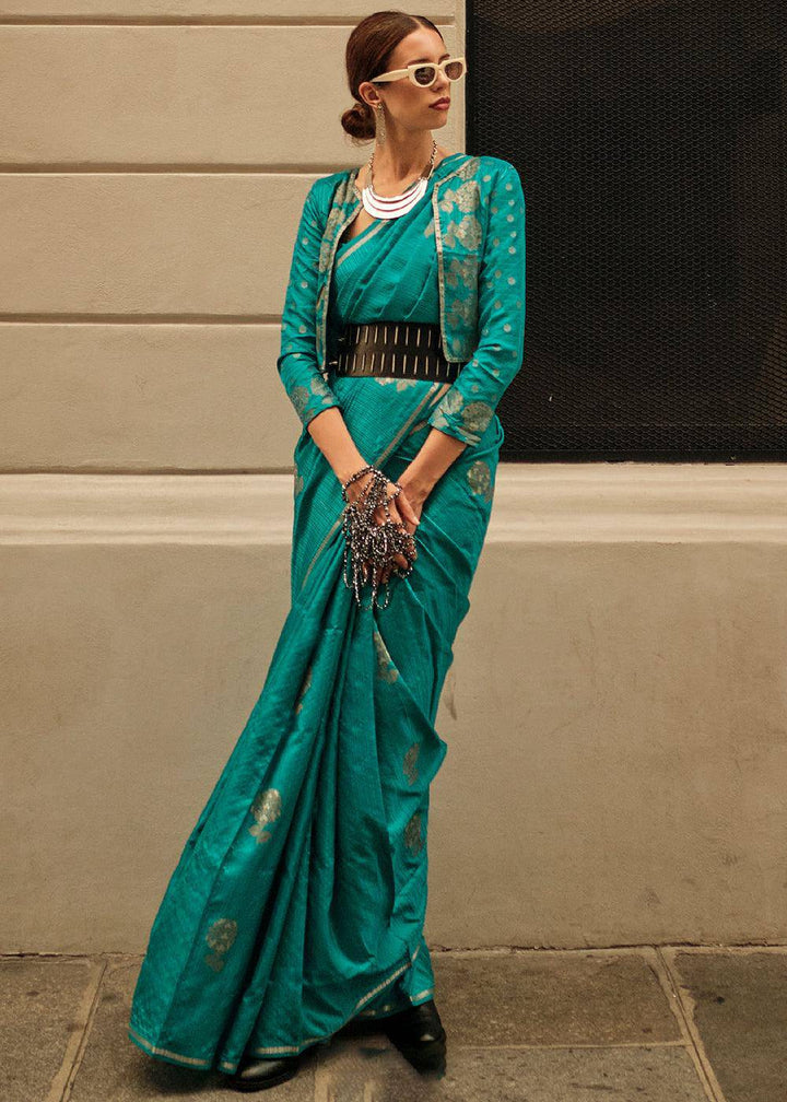 Dark Cyan Green Zari Handloom Woven Satin Silk Saree | Stitched Blouse - qivii