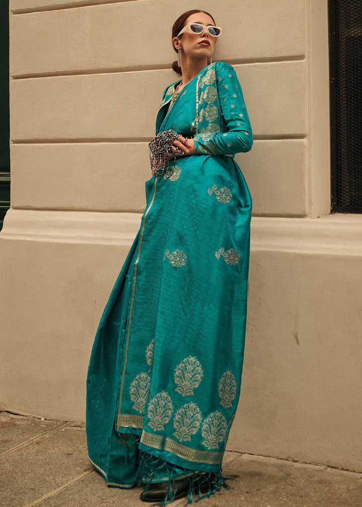 Dark Cyan Green Zari Handloom Woven Satin Silk Saree | Stitched Blouse - qivii