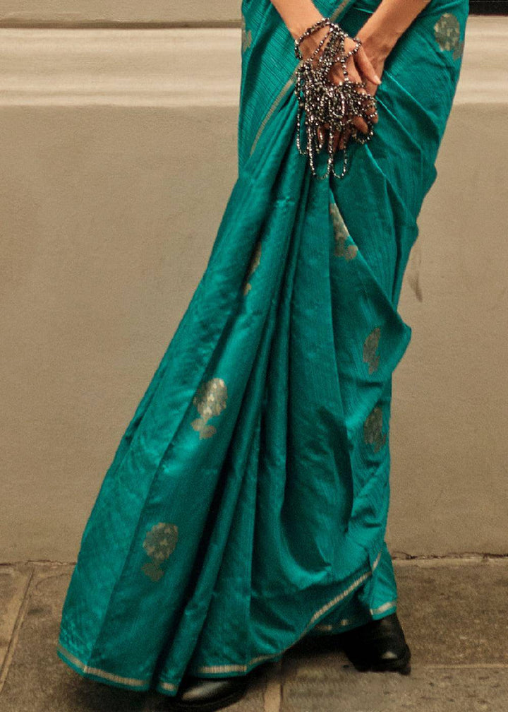 Dark Cyan Green Zari Handloom Woven Satin Silk Saree | Stitched Blouse - qivii