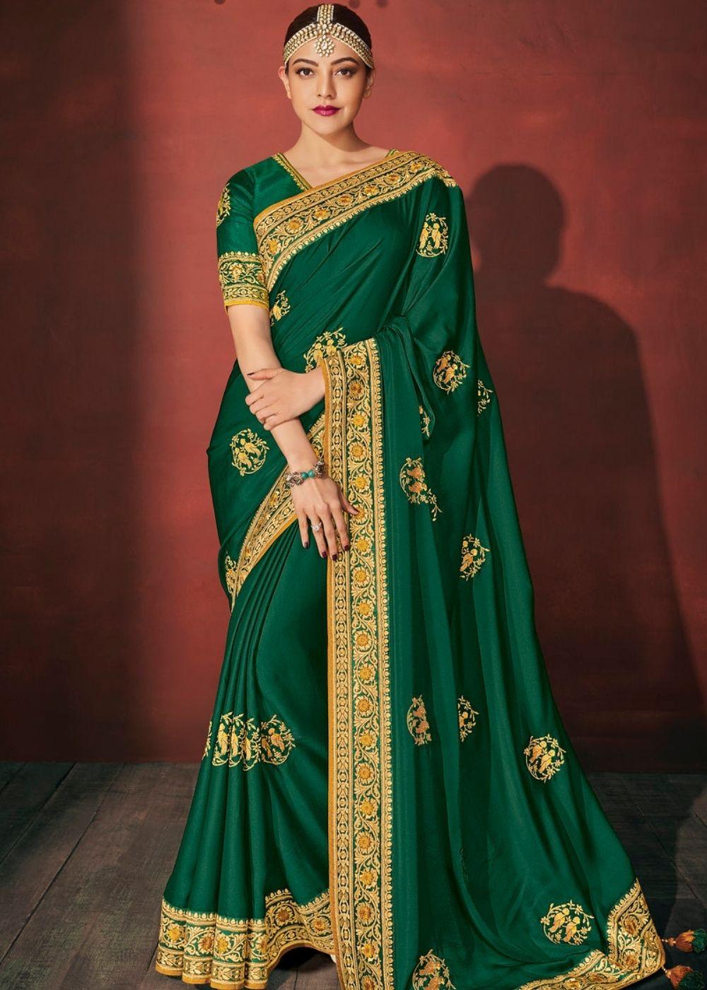 Dark Forest Green Zari Woven South Silk Saree | Stitched Blouse - qivii