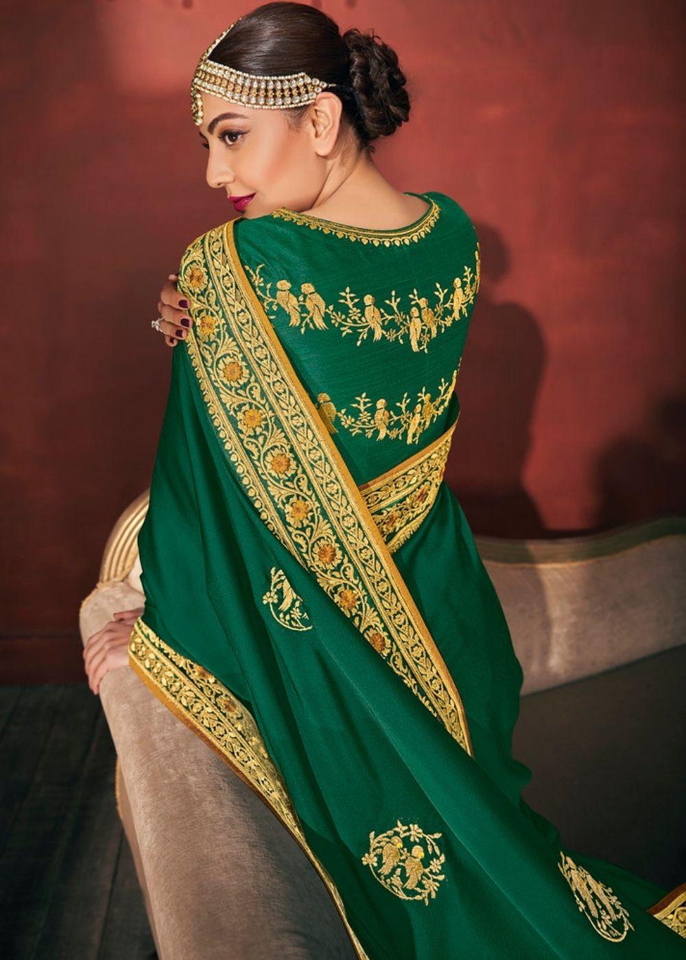 Dark Forest Green Zari Woven South Silk Saree | Stitched Blouse - qivii