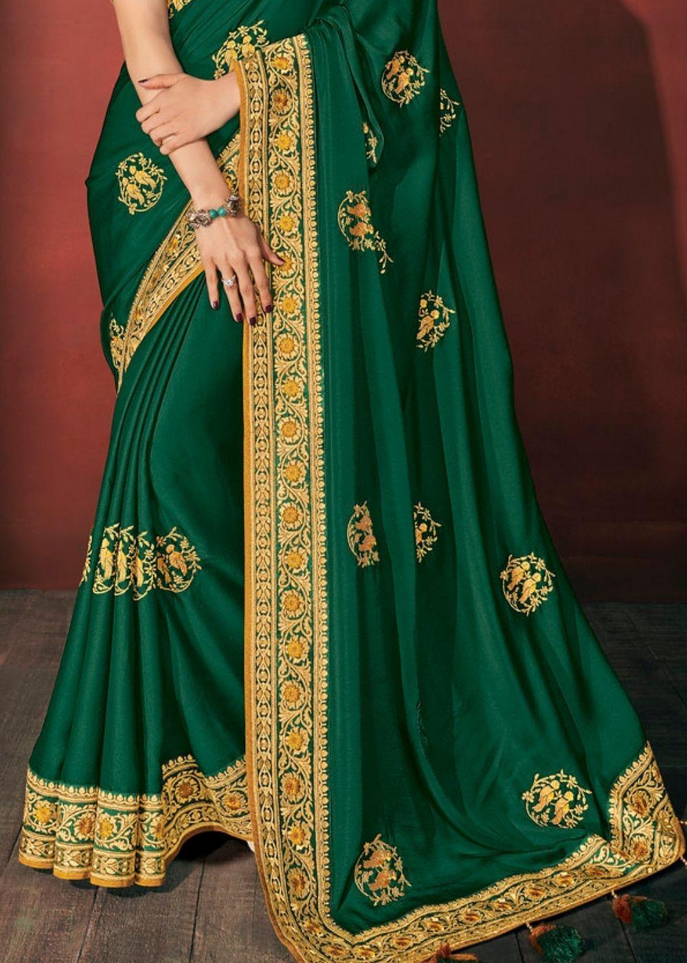 Dark Forest Green Zari Woven South Silk Saree | Stitched Blouse - qivii