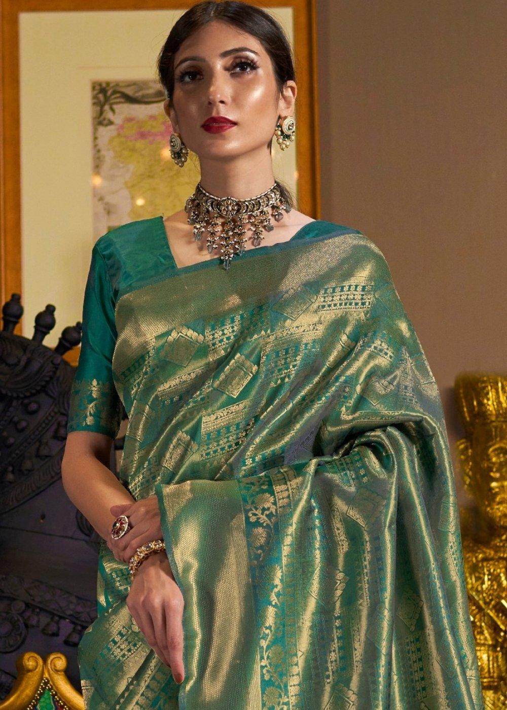 Dark Green and Golden Blend Kanjivaram Soft Woven Silk Saree | Stitched Blouse - qivii