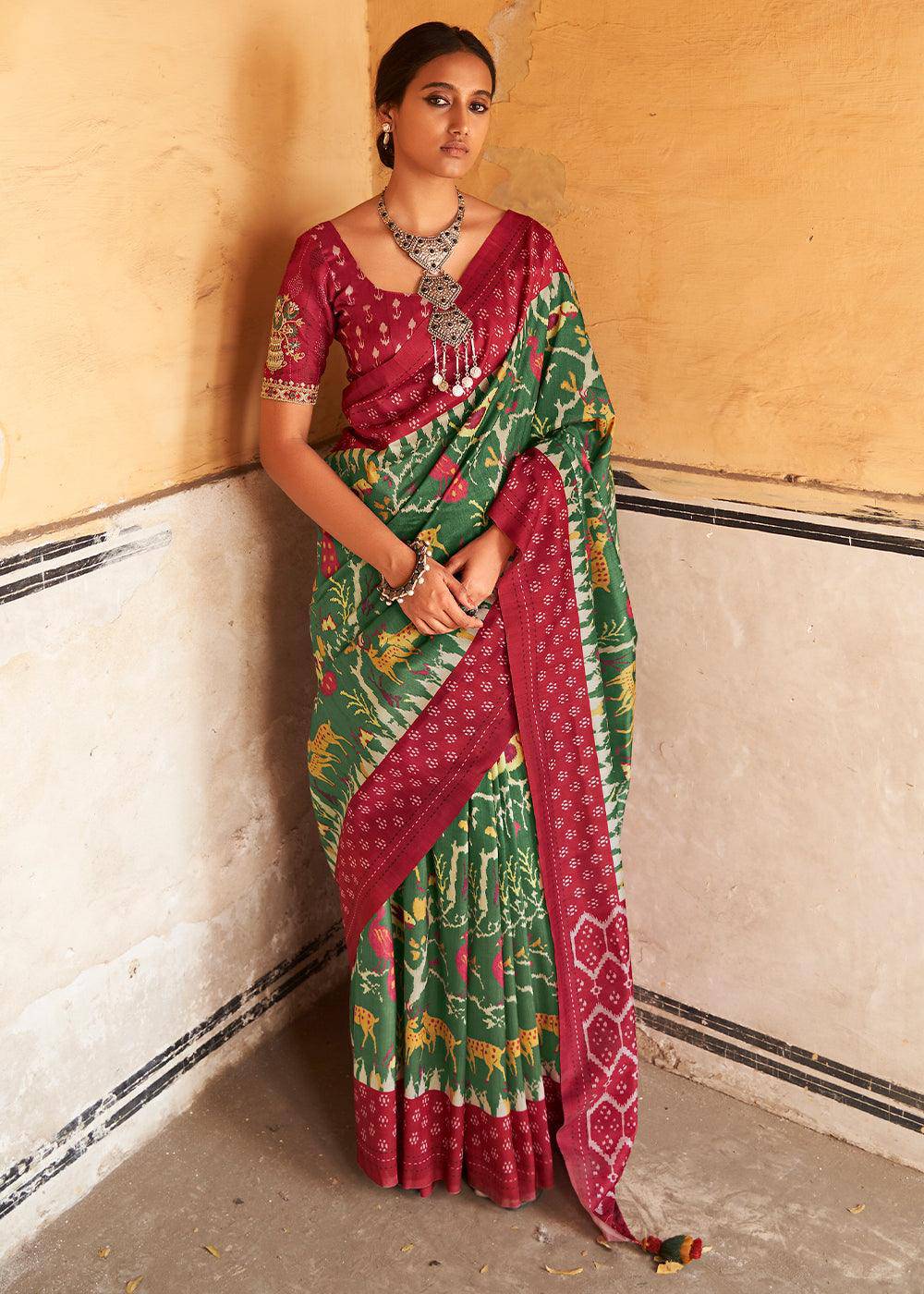 Dark Green Patola Print Tussar Silk Saree | Stitched Blouse - qivii