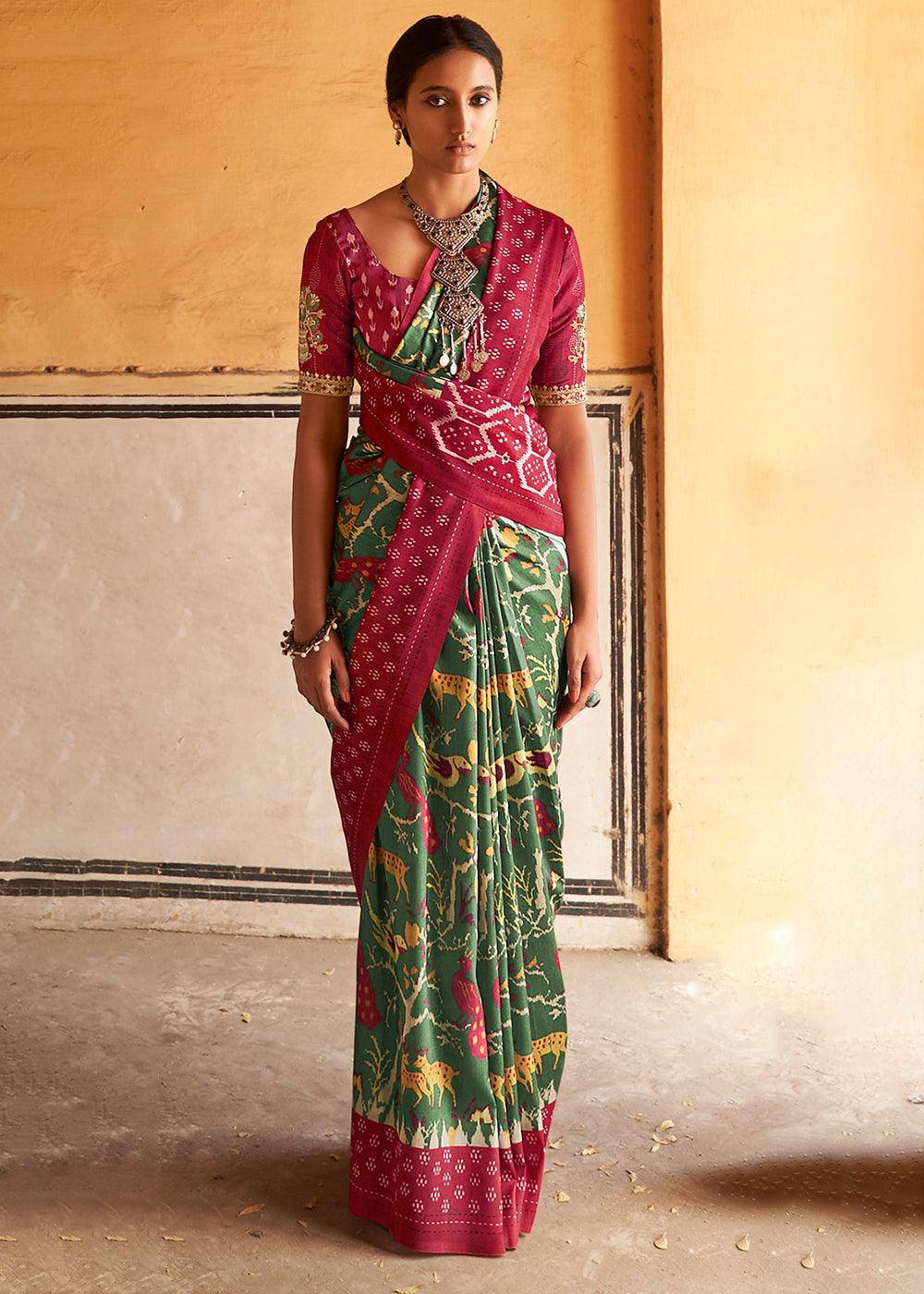 Dark Green Patola Print Tussar Silk Saree | Stitched Blouse - qivii