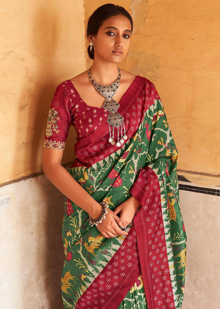 Dark Green Patola Print Tussar Silk Saree | Stitched Blouse - qivii