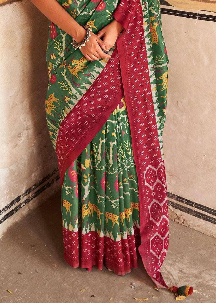 Dark Green Patola Print Tussar Silk Saree | Stitched Blouse - qivii